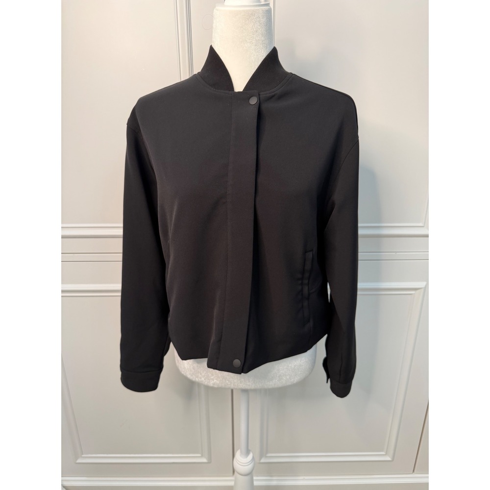 Athleta Bomber Jacket Women Small Black Excellent Snap Front Stretch Athleisure